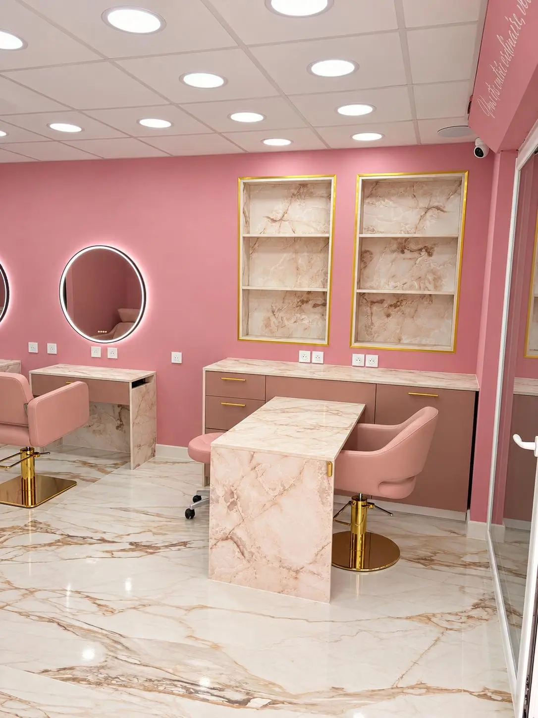 Espace coiffure du salon Carrément Belle 2.0 : murs roses, sol en marbre, fauteuils roses et miroirs ronds lumineux